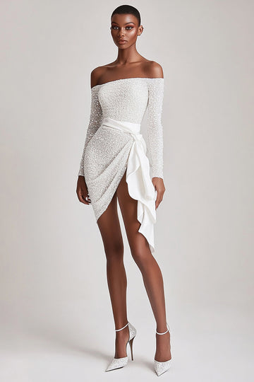 Off The Shoulder Sequins Little White Dress with Long Sleeves